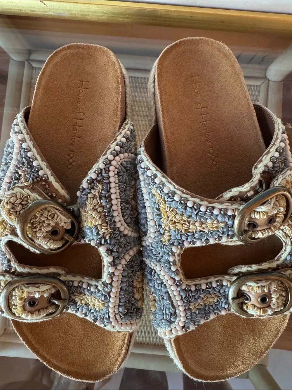 House of Harlow 1960 Beaded Double Buckle Slide Sandals Size 7.5